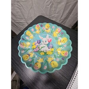 Vtg (3) EASTER Bunny & Chicks Plastic Molded Dish Serving  Plate 10" Kitchsy MCM